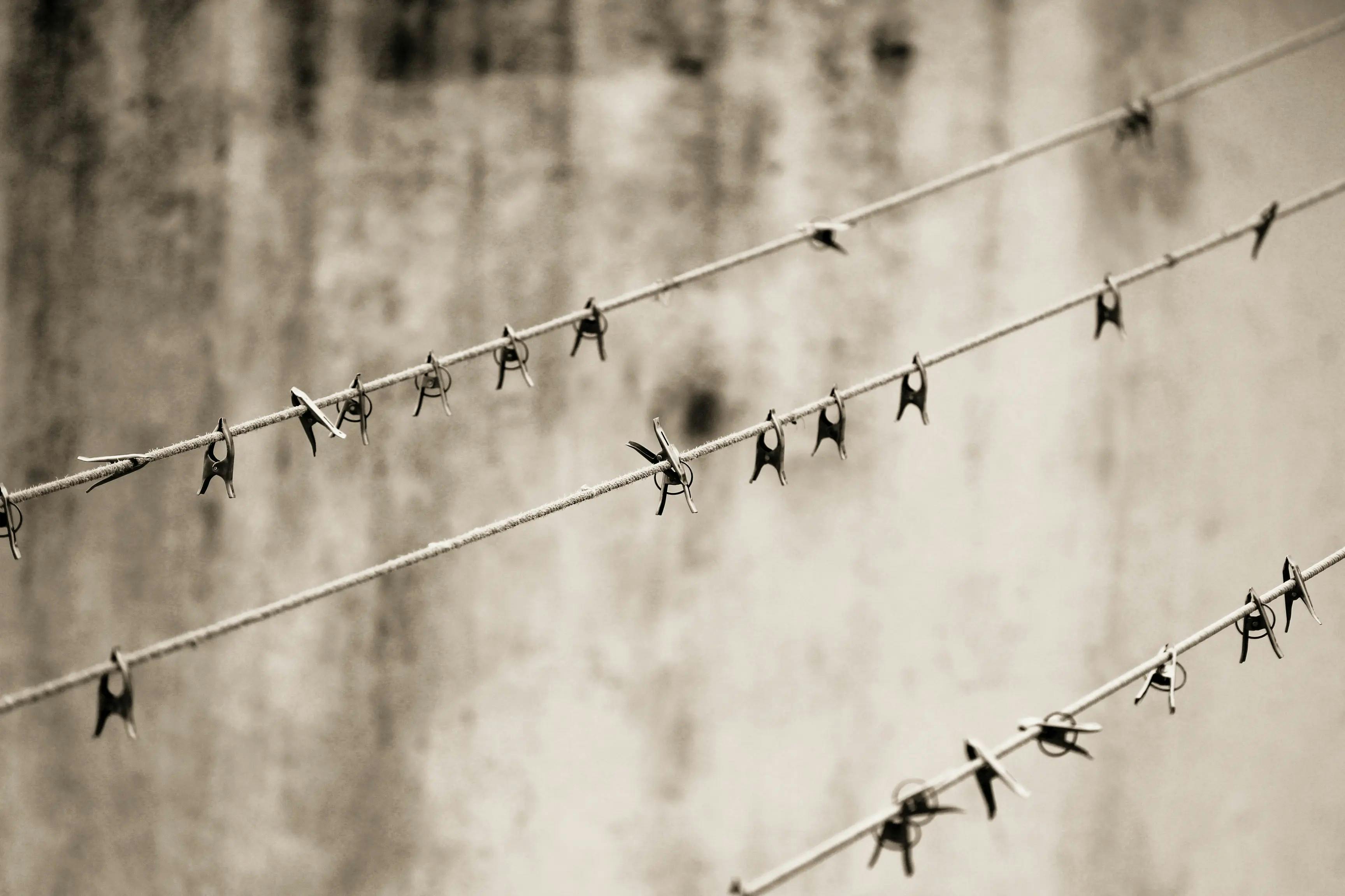 Sepia-toned photo of empty clotheslines with wooden pegs, evoking nostalgia.