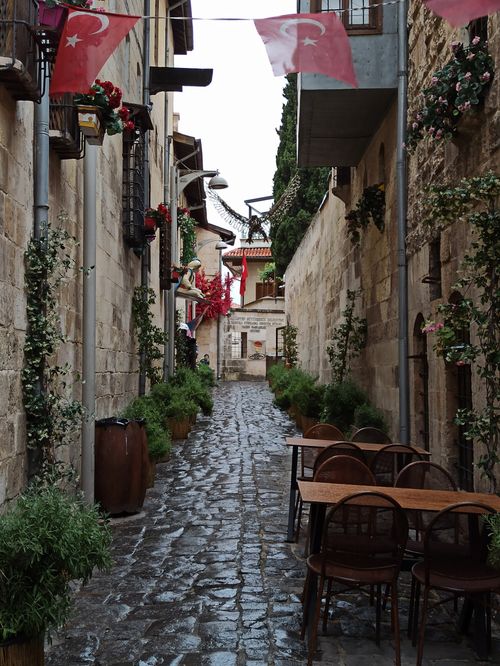 Free Picturesque narrow street with tables, flowers, and Turkish flags adorning the scene. Stock Photo