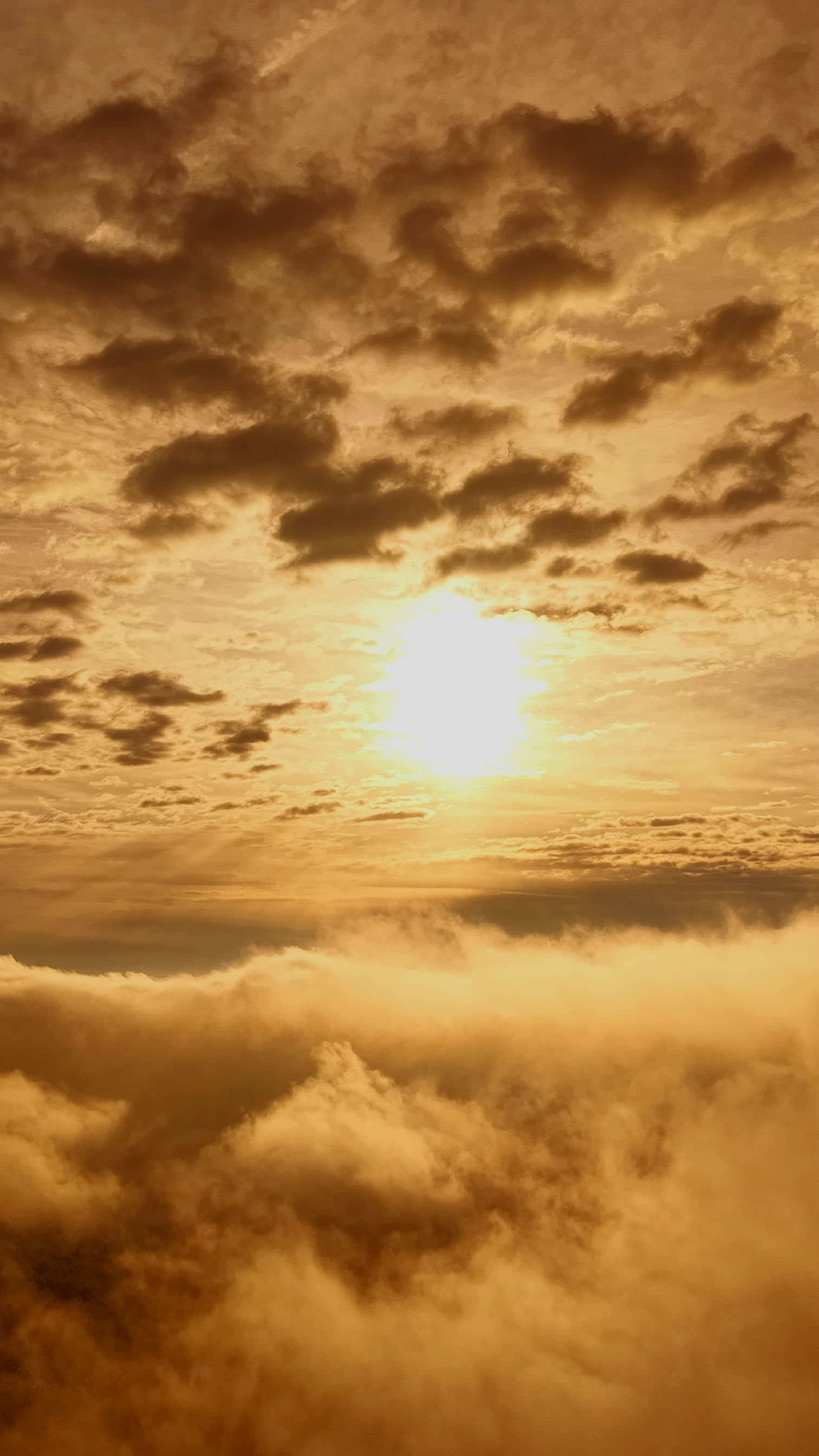 A breathtaking aerial view of a golden sunrise casting warm colors over a cloudscape.