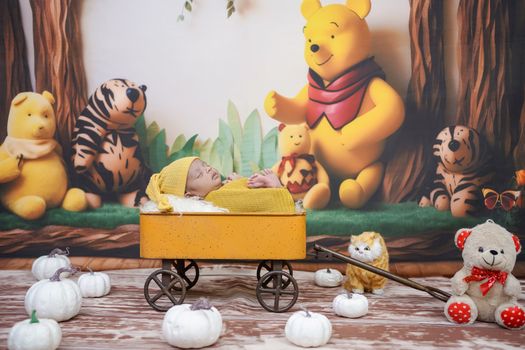 Cute baby asleep in a yellow wagon surrounded by Winnie the Pooh and friends plush toys.