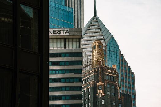Impressive view of diverse architectural styles in downtown Chicago, showcasing modern and classic skyscrapers.