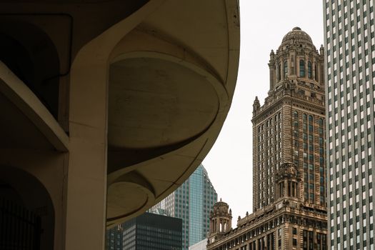 A unique view of Chicago's historical and modern architecture juxtaposed against the city skyline.