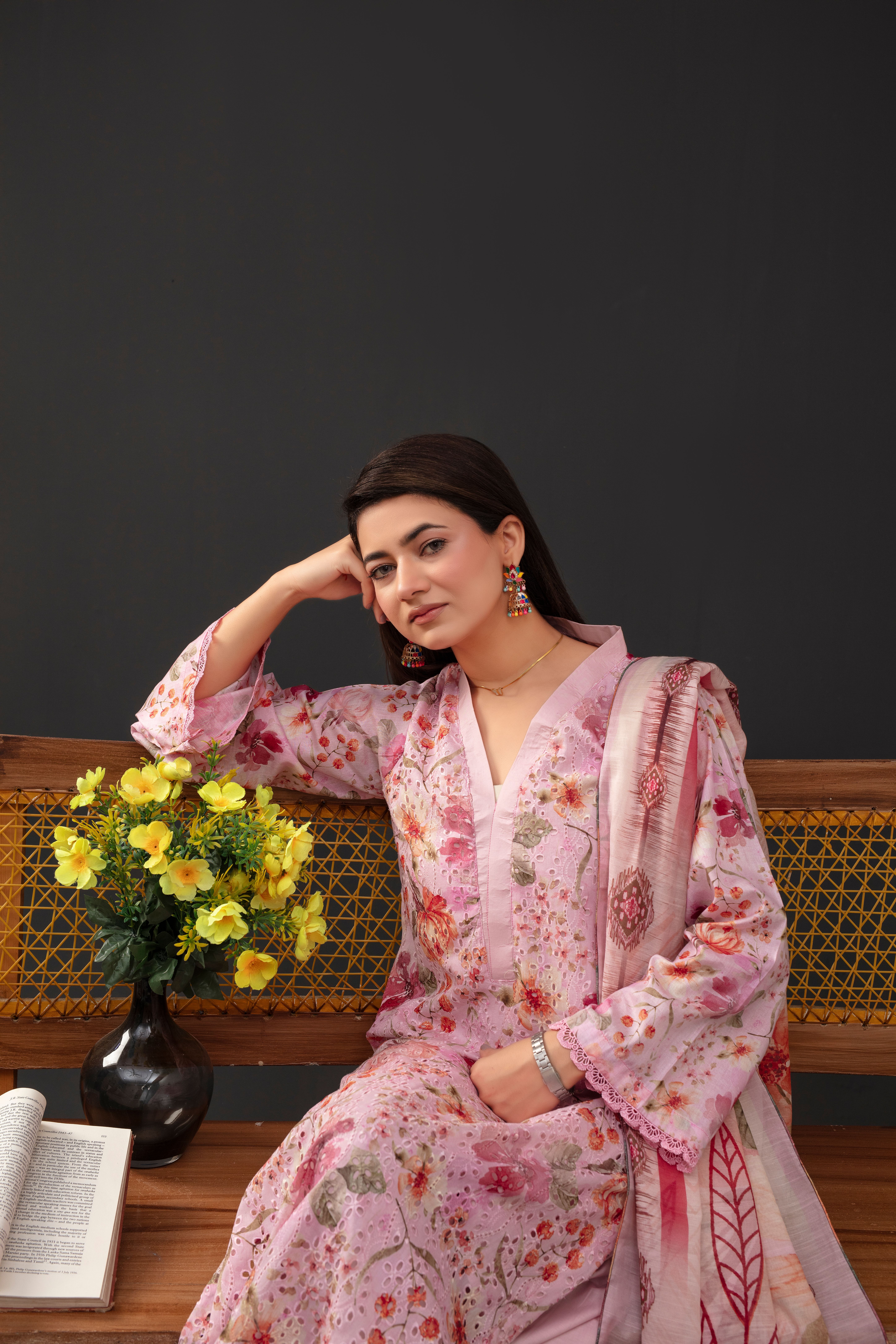 Elegant Woman in Floral Traditional Dress Relaxing Indoors · Free Stock ...