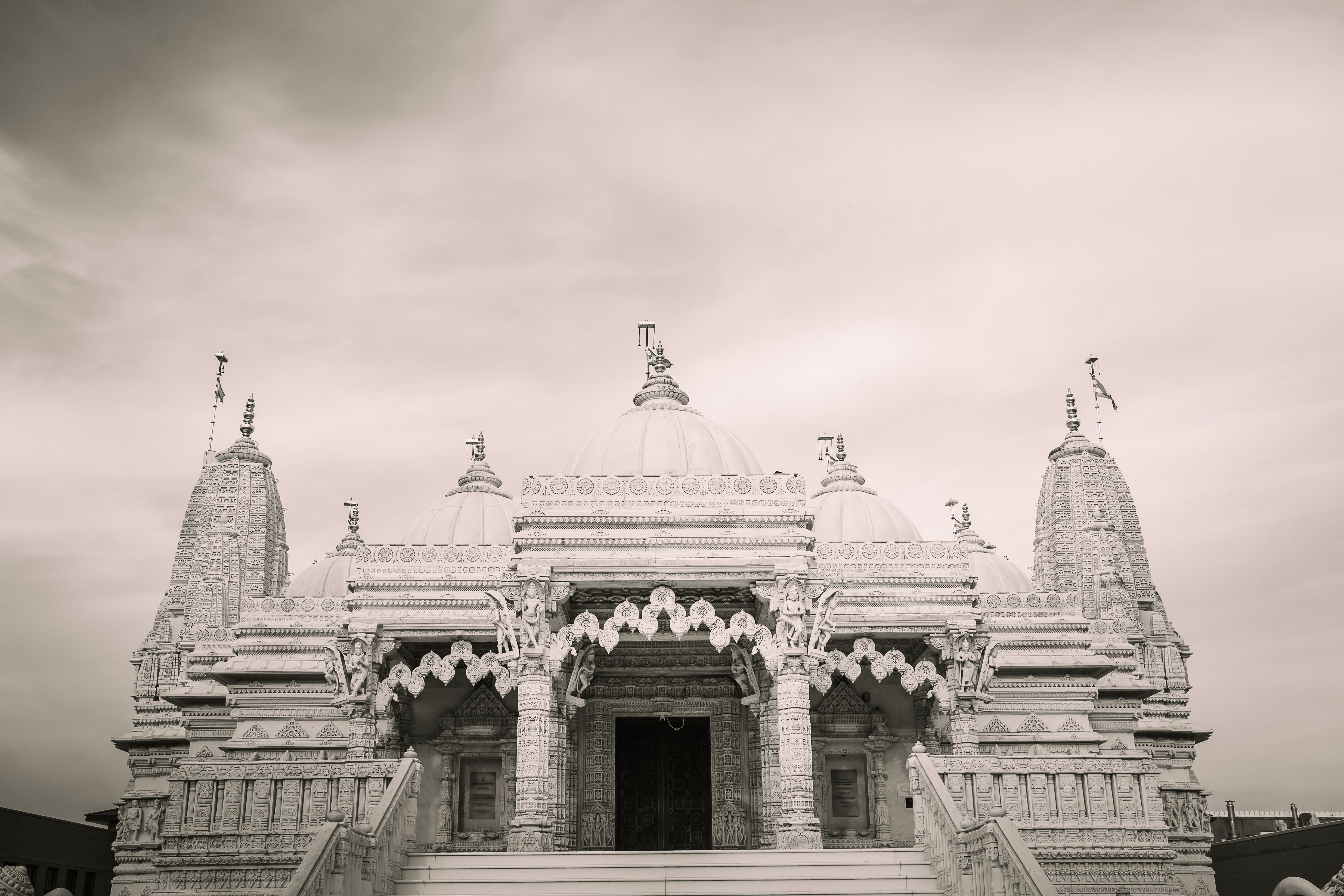 Monochrome image of the Bartlett Hindu Temple showcasing intricate architectural details.