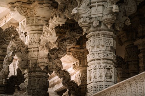 Free Detailed stone carvings adorn a temple's columns in Bartlett, Illinois. Stock Photo