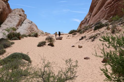 Free Two people hike through a sandy desert landscape in Valley of Fire State Park, Nevada. Stock Photo