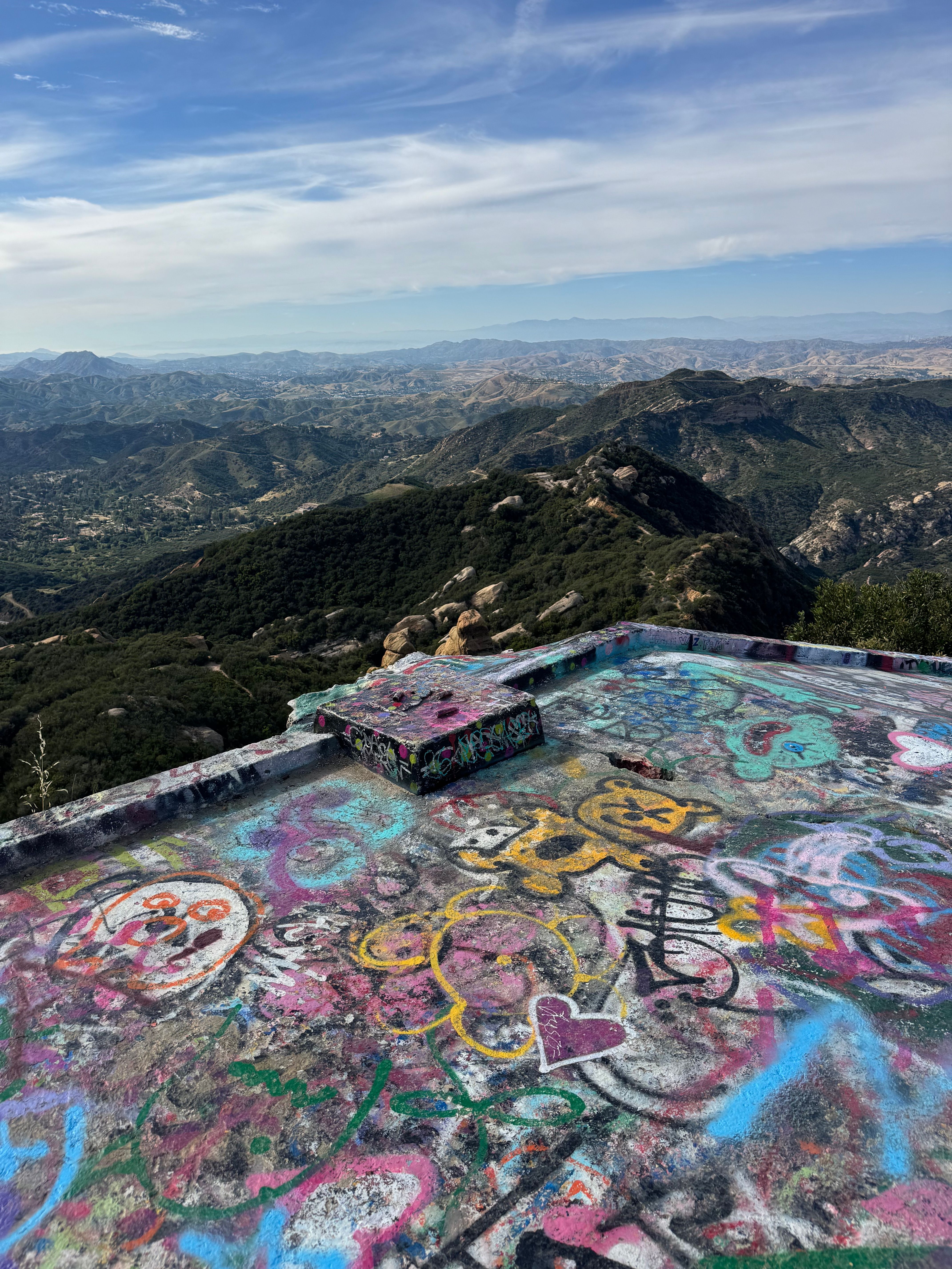 Colorful graffiti art on rooftop with a panoramic mountainous backdrop in Southern California.