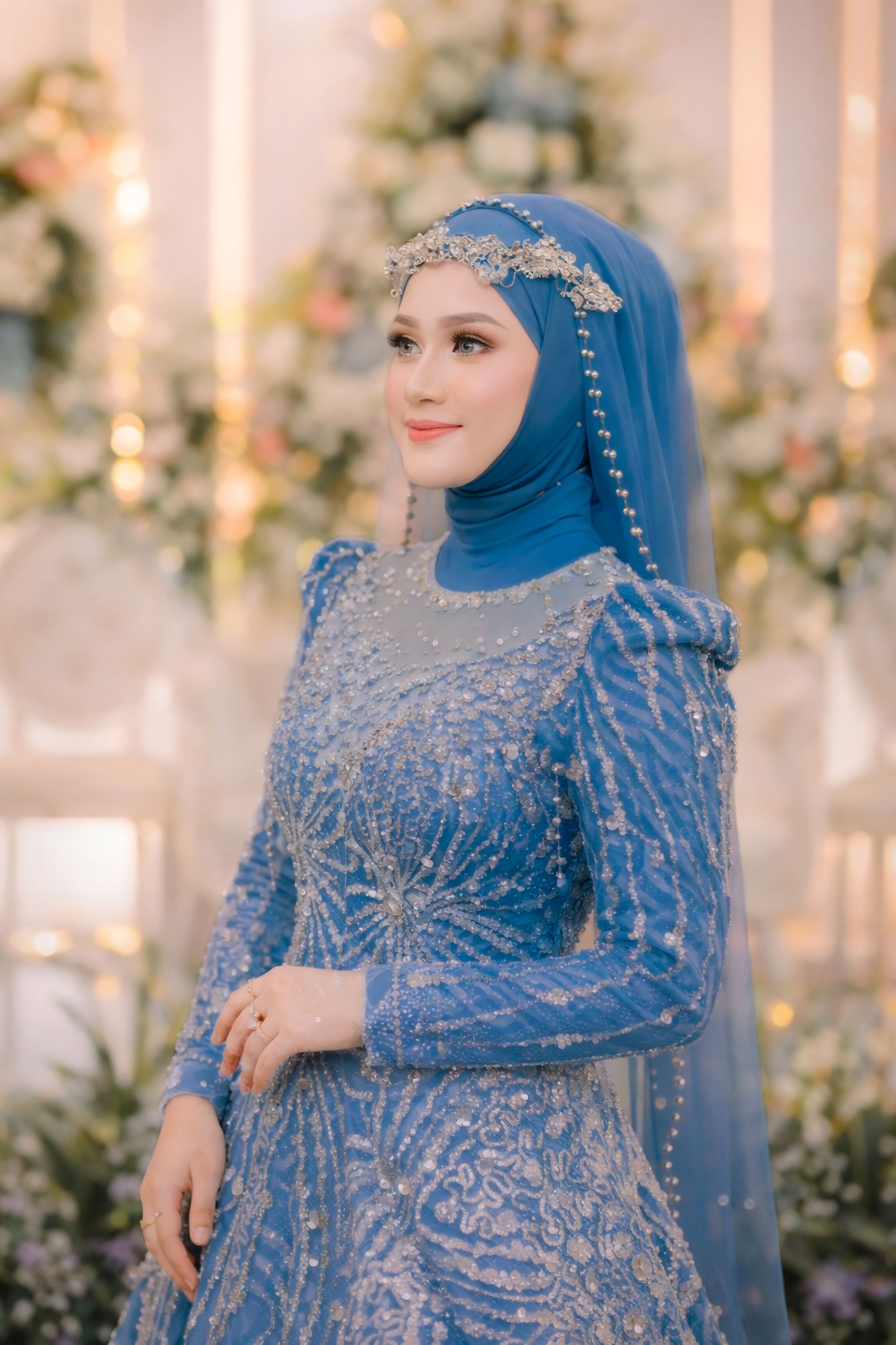 Elegant Muslim Bride in Luxurious Blue Gown