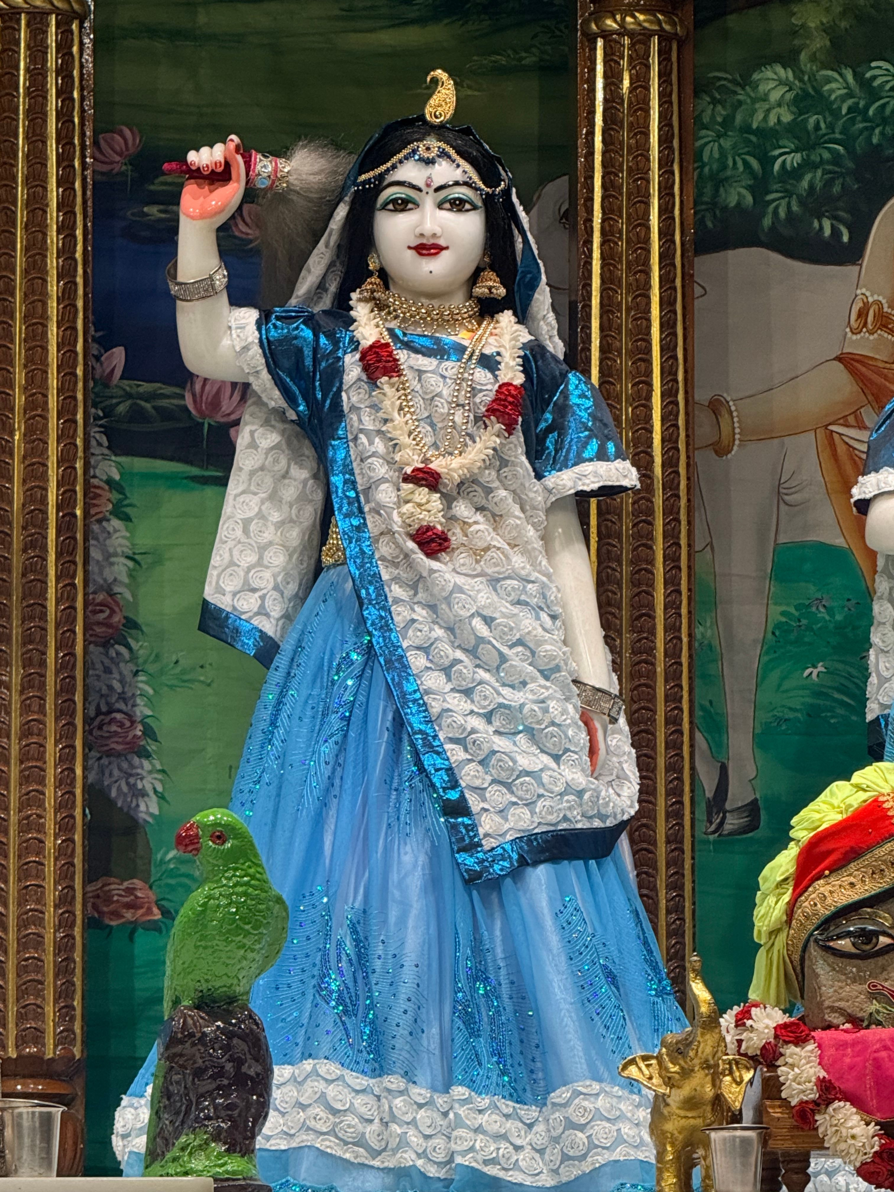 Beautiful deity statue adorned with blue attire in a Tirupati temple, India.