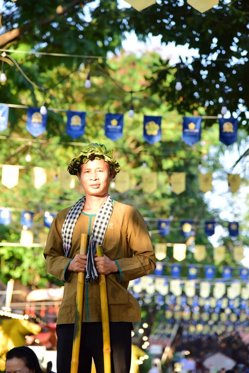 Free A person in traditional attire with a leafy hat at an outdoor festival. Stock Photo