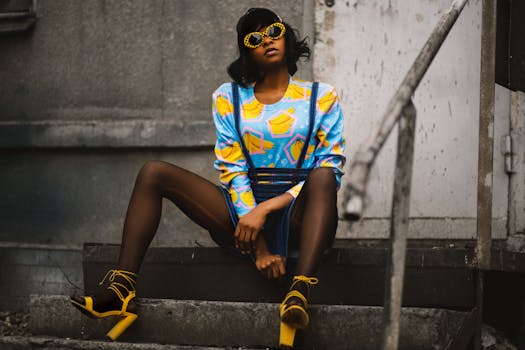 一位时尚的黑人妇女，身穿五颜六色的衣服，戴着大胆的眼镜，站在城市楼梯上
