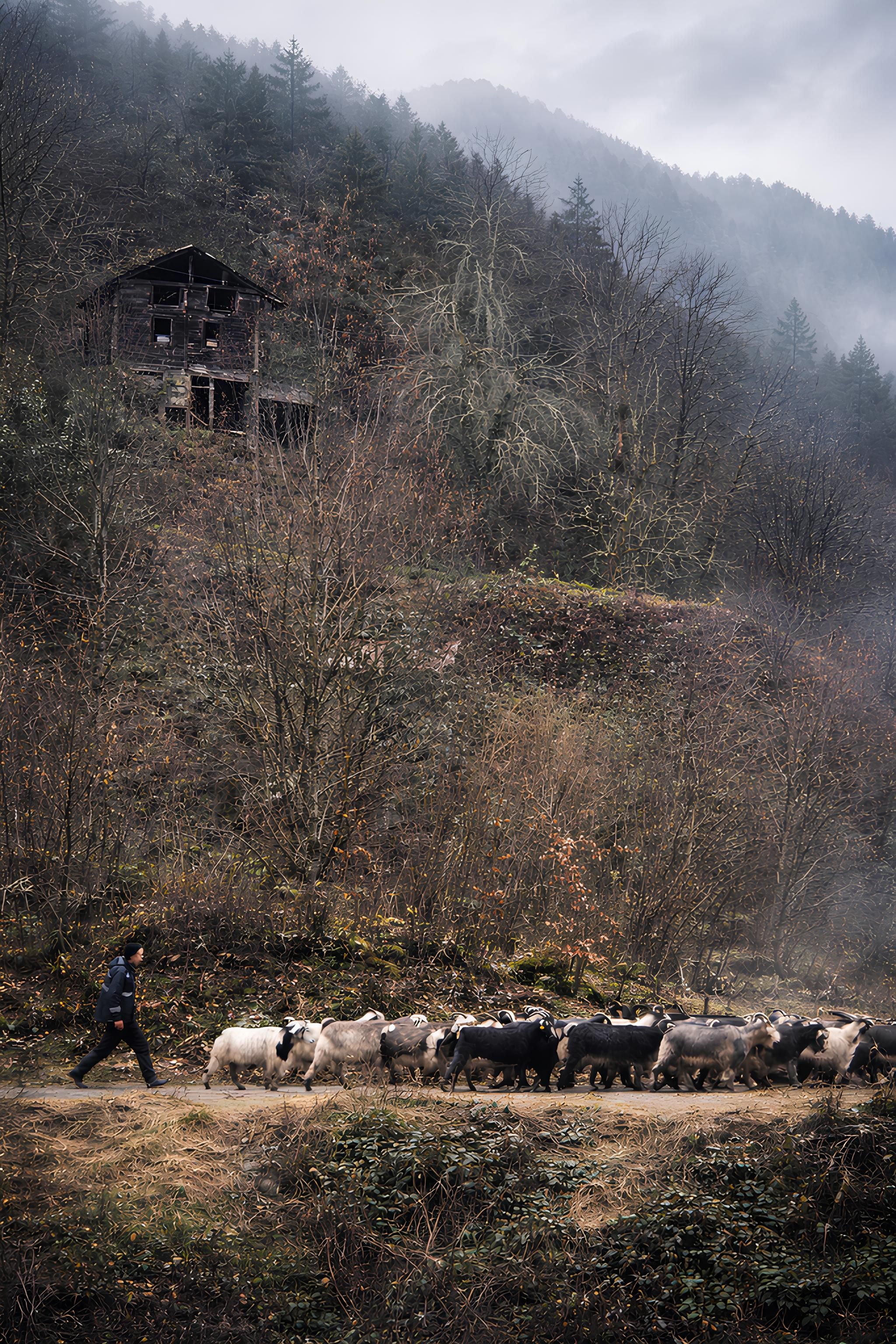 Shepherd Guiding Herd in Misty Mountain Landscape · Free Stock Photo