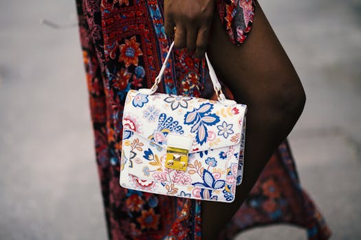 Close-up of a stylish floral handbag held by a fashionable individual in a trendy outfit.