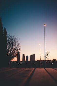 Scenic cityscape at dusk featuring silhouetted trees and streetlights against a colorful sky.