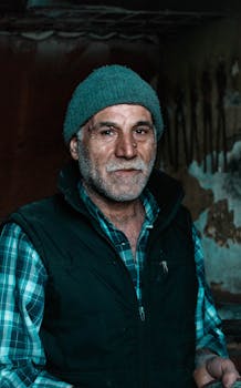 一幅描绘高级男子在室内穿着无帽夹克的体贴肖像