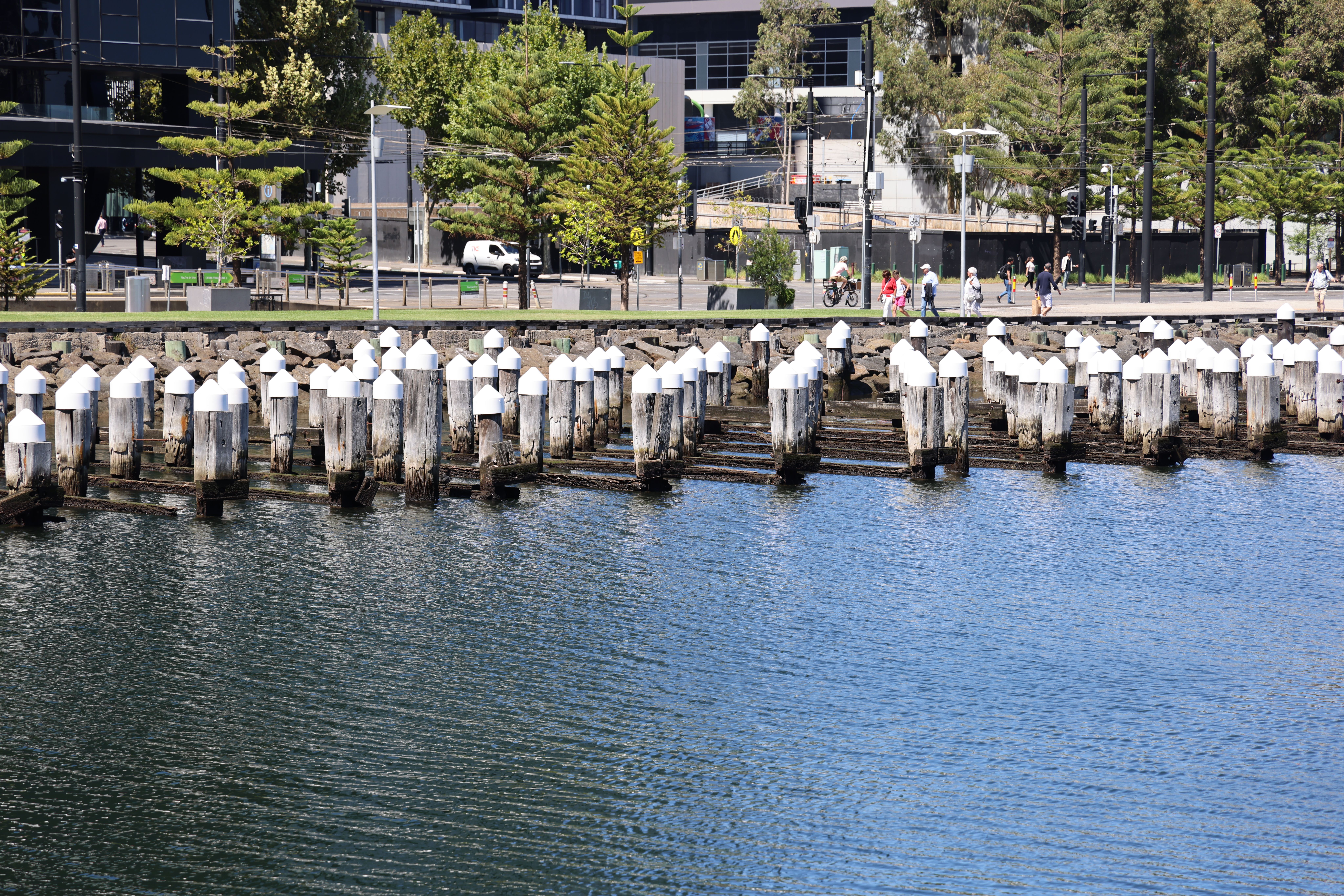 An urban waterfront scene with wooden pilings and people walking nearby.