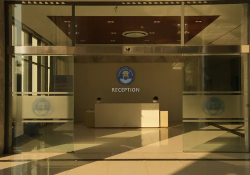 Office reception logo on wall