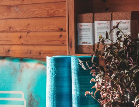 A cozy yoga studio in Morocco with blue mats, cork bricks, and leafy plants, embodying wellness and natural materials.