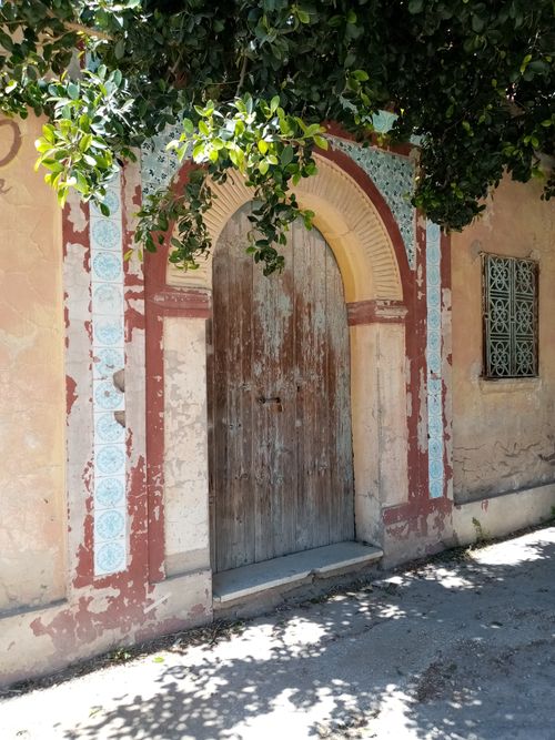 Free A vintage wooden door set within an ornate archway framed by lush foliage casting shadows. Stock Photo
