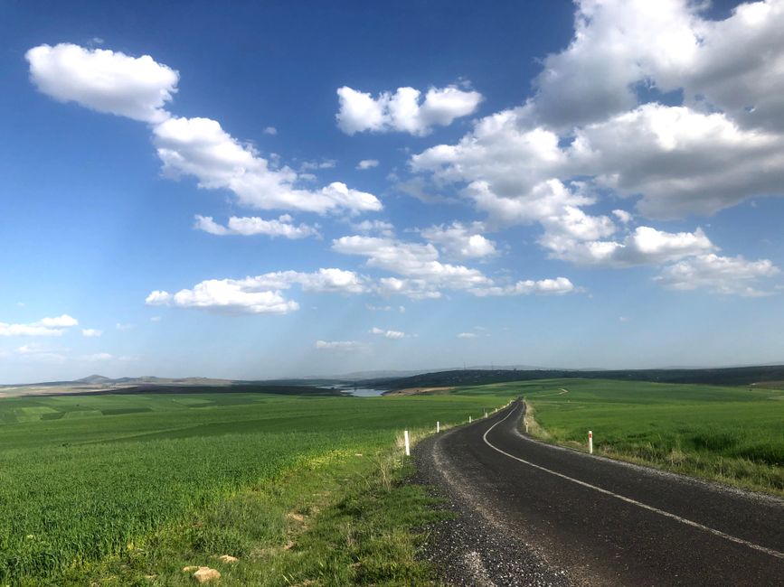 A winding road through green fields under a clear blue sky with fluffy clouds, evoking tranquil rural vibes.