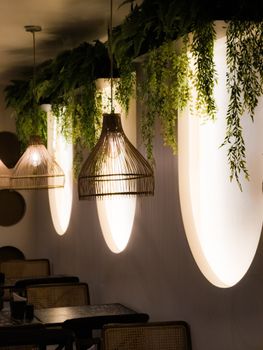 Warmly lit cafe interior featuring hanging plants and stylish lighting