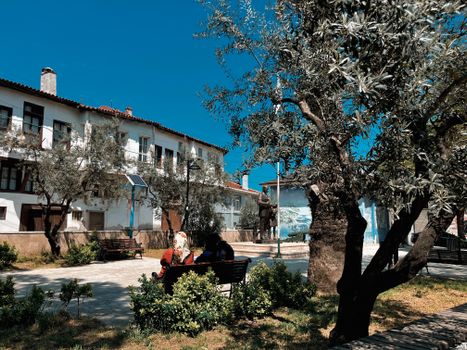 Peaceful village square with benches, olive trees, and historical buildings under clear blue sky.