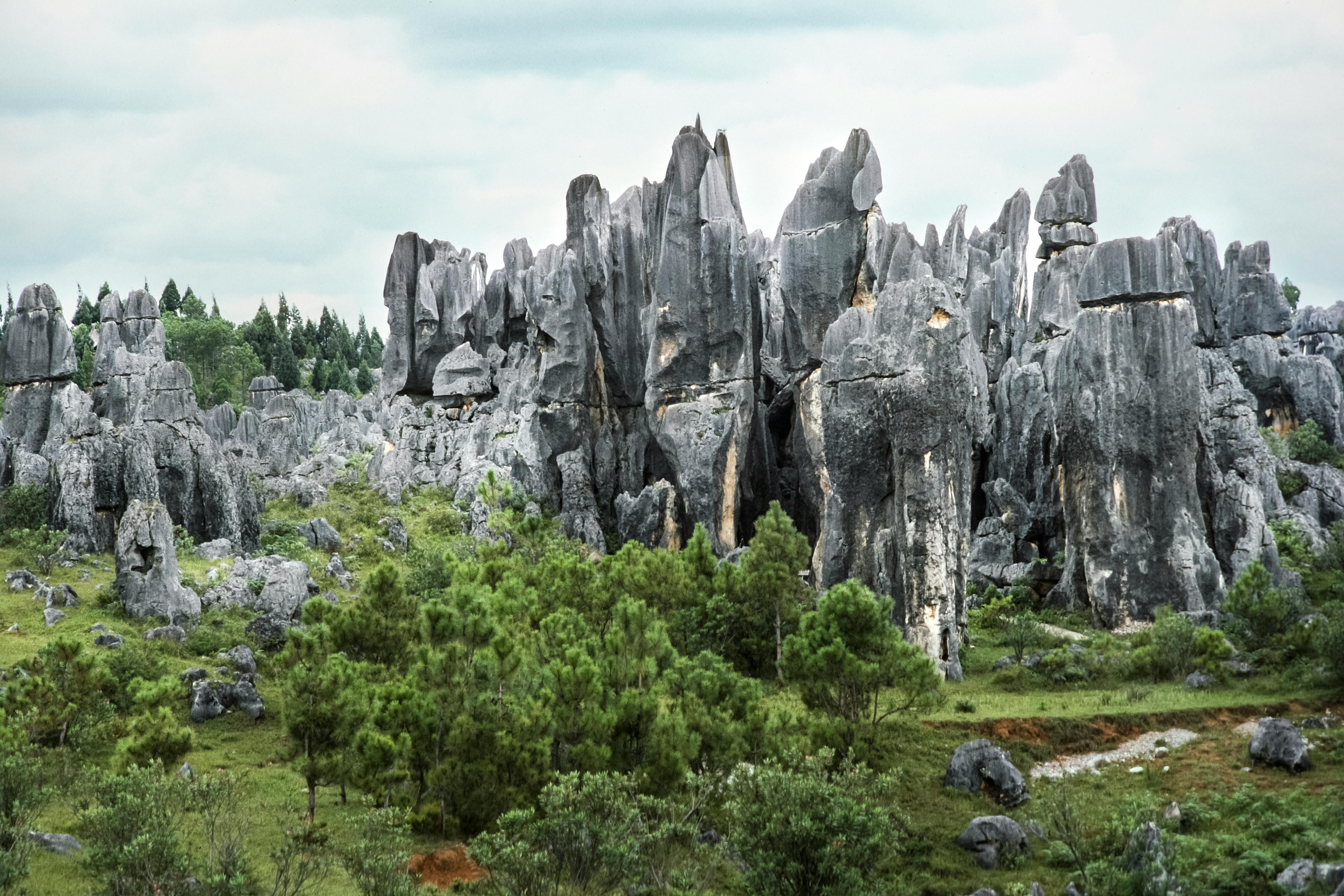 Dramatic limestone karst formations with visitors walking along forest trail at Rainforest Wild Asia Mandai Singapore