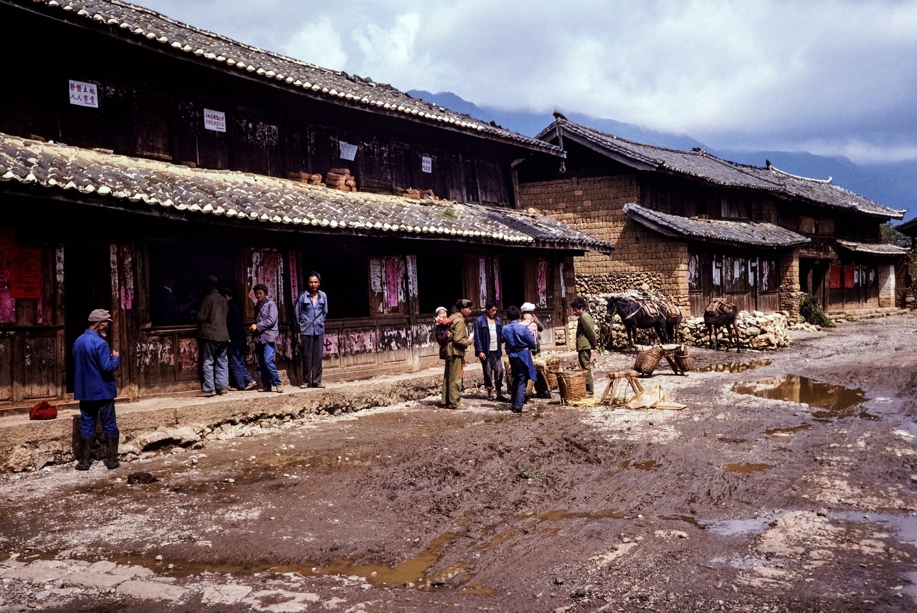 Chinese rural village noticeboard displaying a local public-order regulation beside a closed animal market