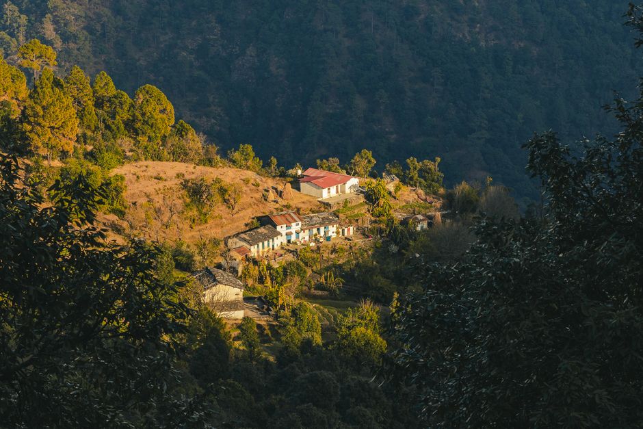 Sunlit mountain village in Uttarakhand, India, captured at golden hour, surrounded by lush greenery.