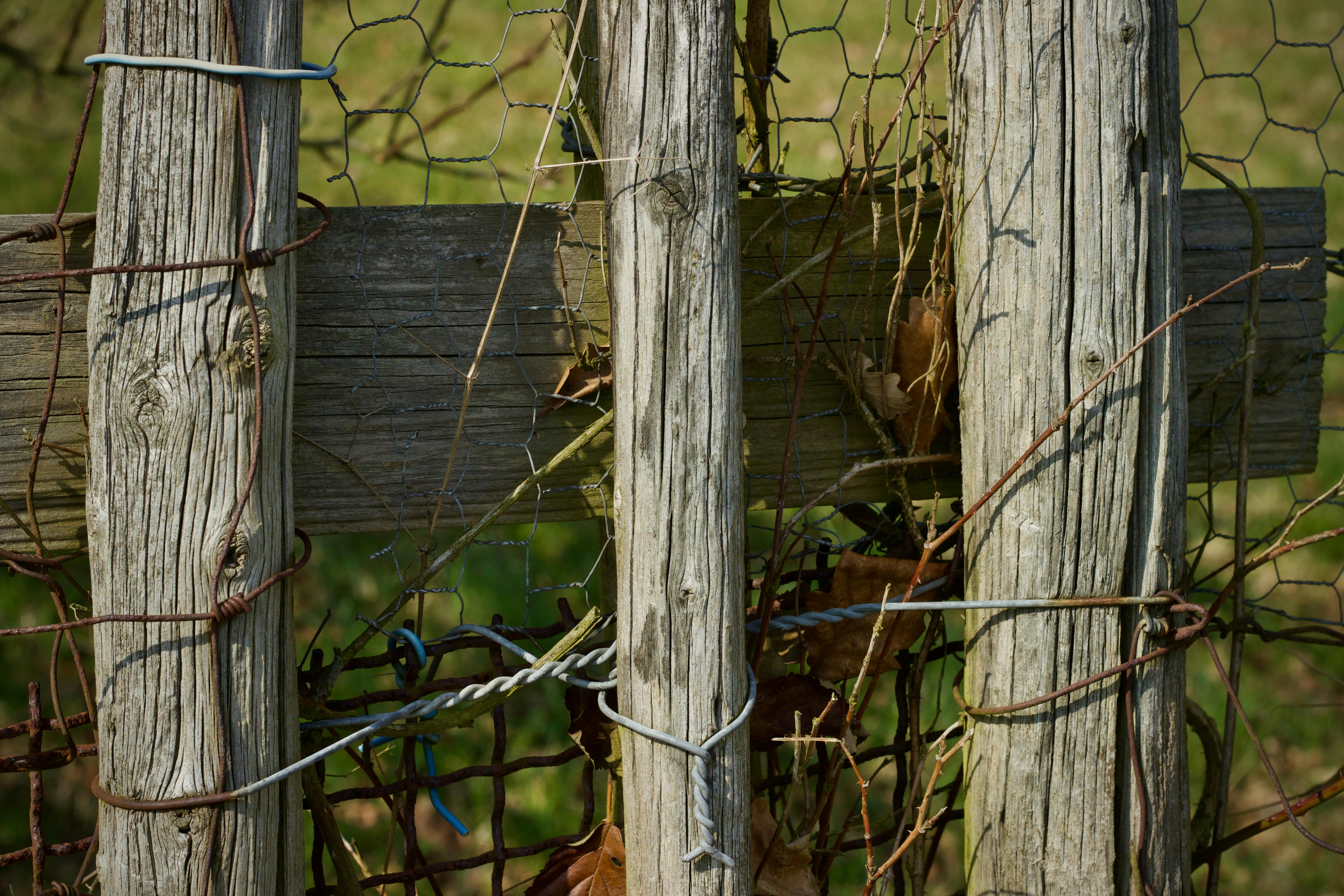 A close-up of a rustic wooden fence bound with wire, showcasing natural textures.