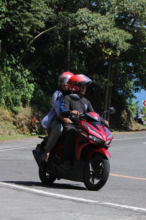 Free Two people riding a red motorbike on a sunny road surrounded by lush greenery. Stock Photo