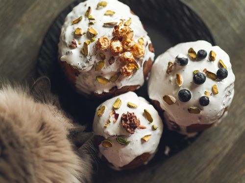 Free Close-up of festive baked goods topped with nuts and berries, accompanied by a fluffy cat. Stock Photo