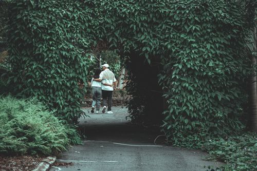 Free Scenic view of a couple walking through a leafy archway in a tranquil garden setting. Stock Photo