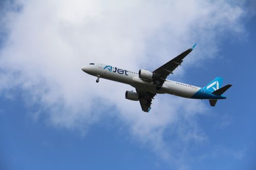 Free A modern passenger jet in flight against a cloudy blue sky over Amsterdam, capturing aviation dynamics. Stock Photo