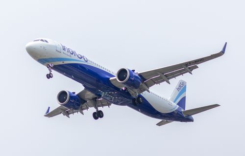 Free A striking view of an IndiGo Airbus A320neo airplane captured flying in mid-air, showcasing aviation dynamics. Stock Photo