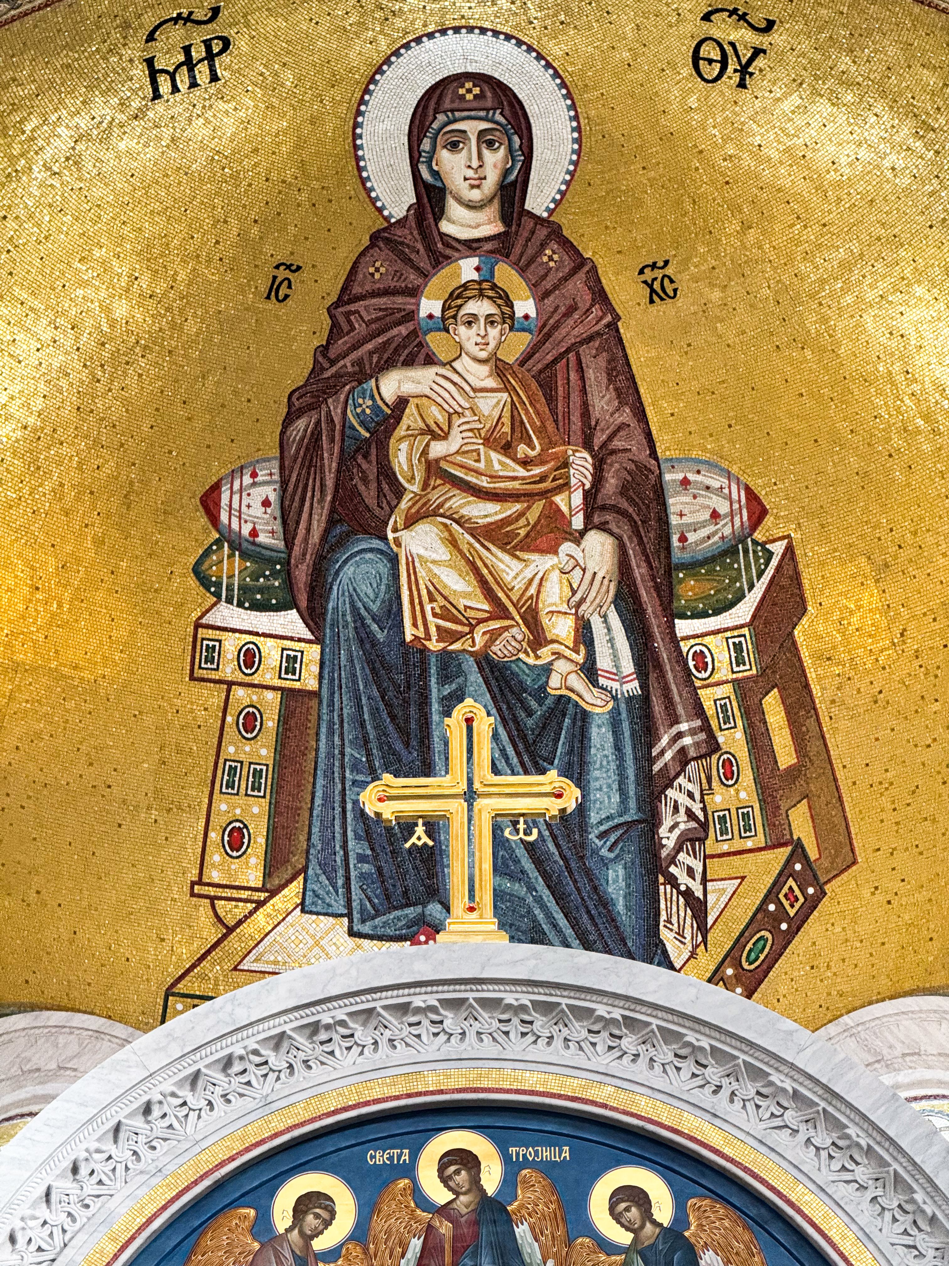 Beautiful mosaic of the Virgin Mary and Christ in a Serbian church, Belgrade.