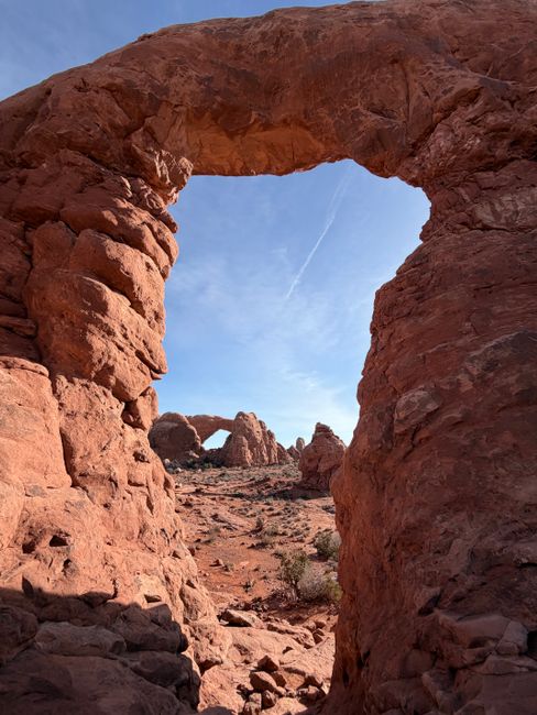 Sandstone arches and red rock fins under a clear blue sky in Arches National Park