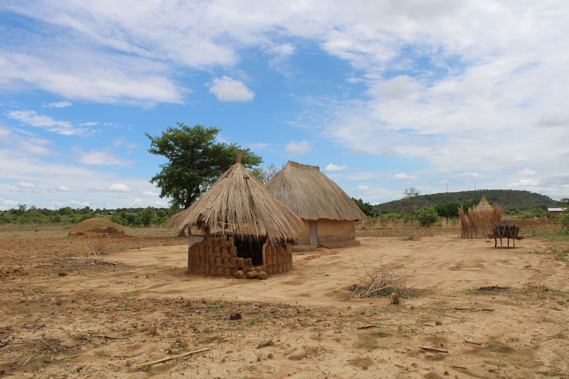 Scenic view of traditional thatched huts in rural Zambia with clear skies and greenery.