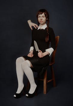 一位穿着黑色连衣裙的优雅女人，带着阴郁的心情，在室内拿着一把刀坐着