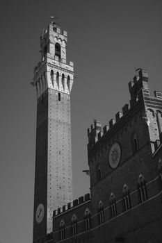 Black and white photo of the Torre del Mangia in Siena, highlighting Gothic architecture against a clear sky.