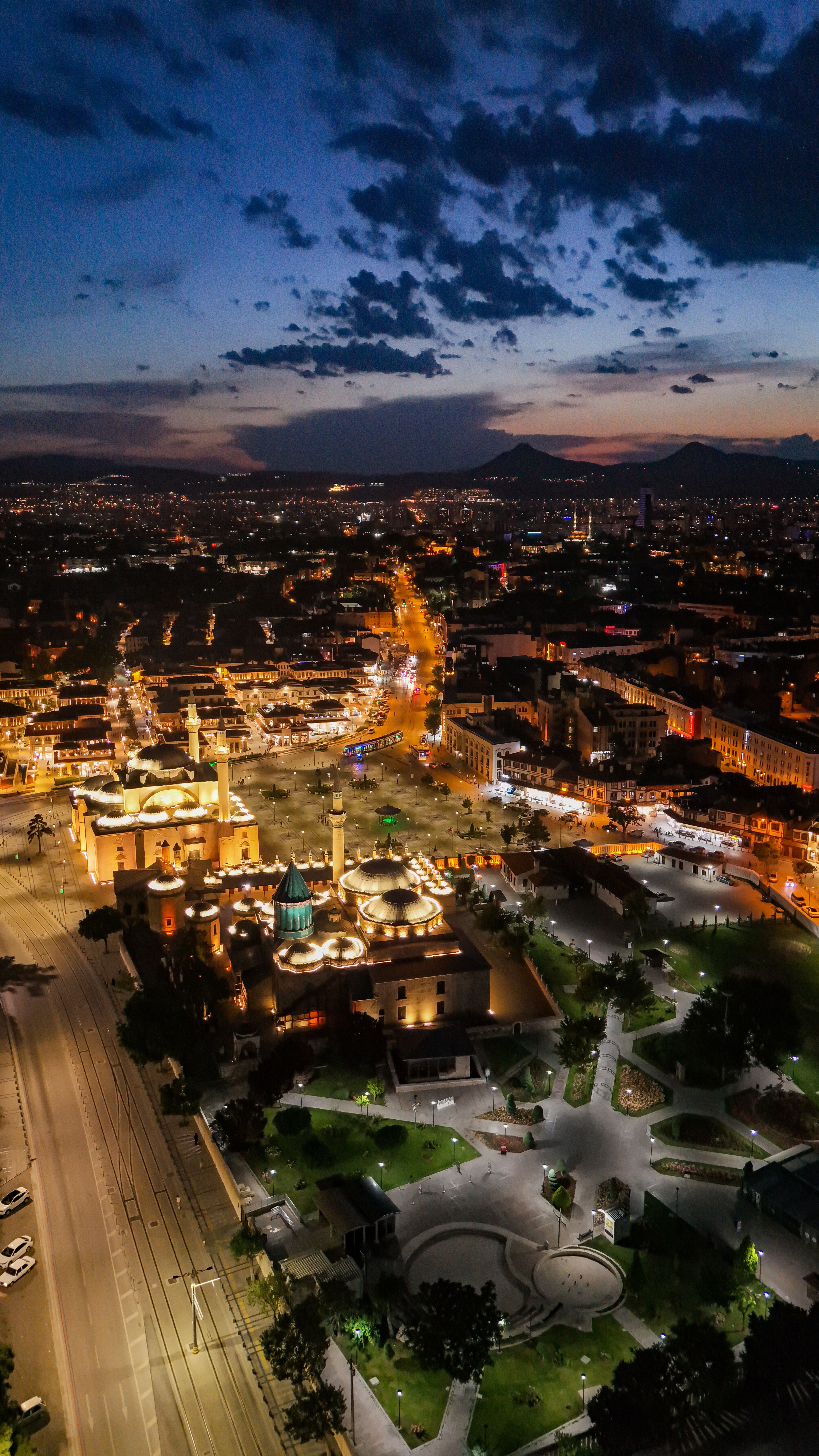 Stunning aerial photograph capturing Konya city at night with vibrant lights.