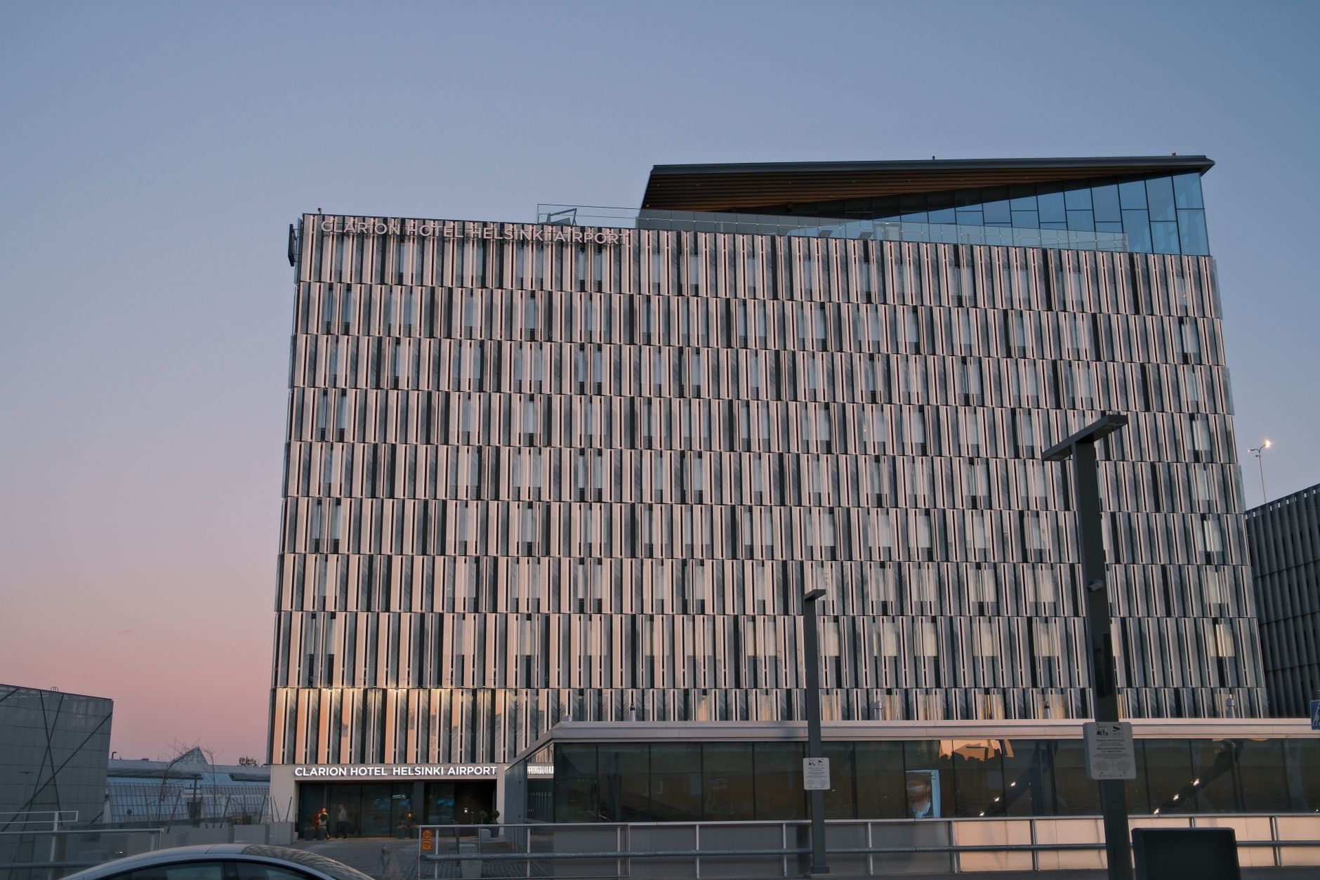 airport hotel exterior evening