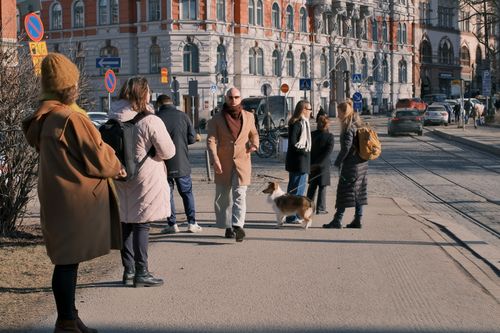 Free Street scene with diverse people, dog, and historic architecture in a bustling urban setting. Stock Photo