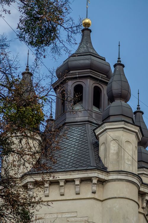 Free Scenic view of a historic architectural tower with ornate details in Lviv, Ukraine. Stock Photo