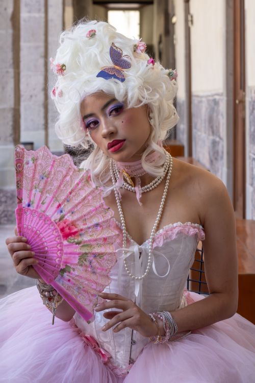 Free An elegant woman in a costume holding a pink fan and wearing an elaborate white wig. Stock Photo