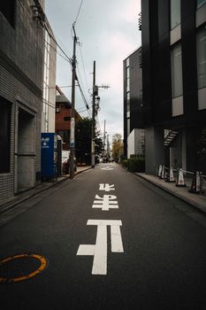 Urban Tokyo alleyway with distinctive Japanese road signs and modern architecture.