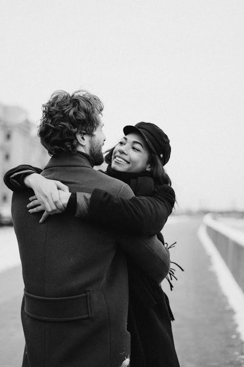 Monochrome Photo of Couple Hugging Each Other