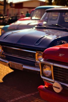 Classic vintage cars displayed in a sunny outdoor car show setting.
