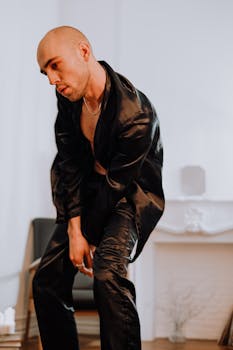 在现代舞蹈表演中，一位穿着黑色缎面服装的时尚男人在室内摆出动态姿势