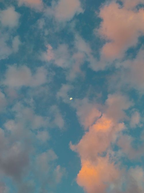 Free A serene evening sky with scattered pink clouds and moon in view. Stock Photo